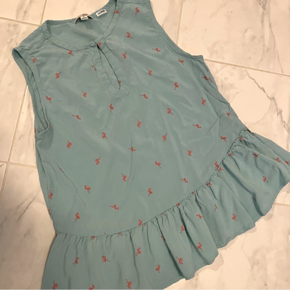 Jachs girlfriend New York teal blue pink flamingo print tank top. Ruffle.  EUC!